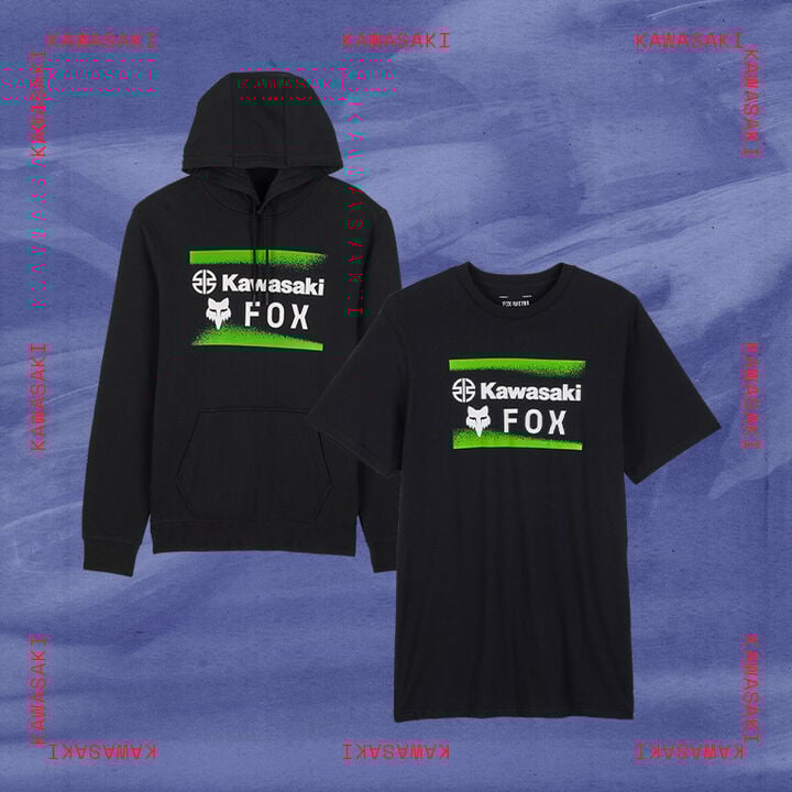 Fox tee and hoodie with stylized text calling out Kawasaki gear