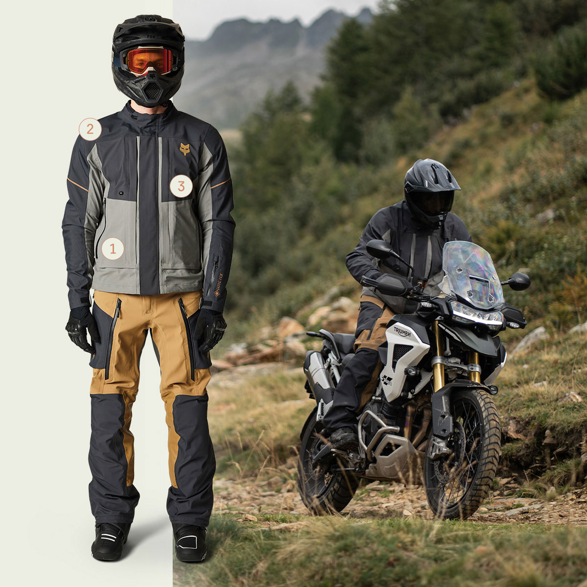 A model wearing the Ranger Adventure gear stands next to a rider speeding along a wet hard-packed trail.