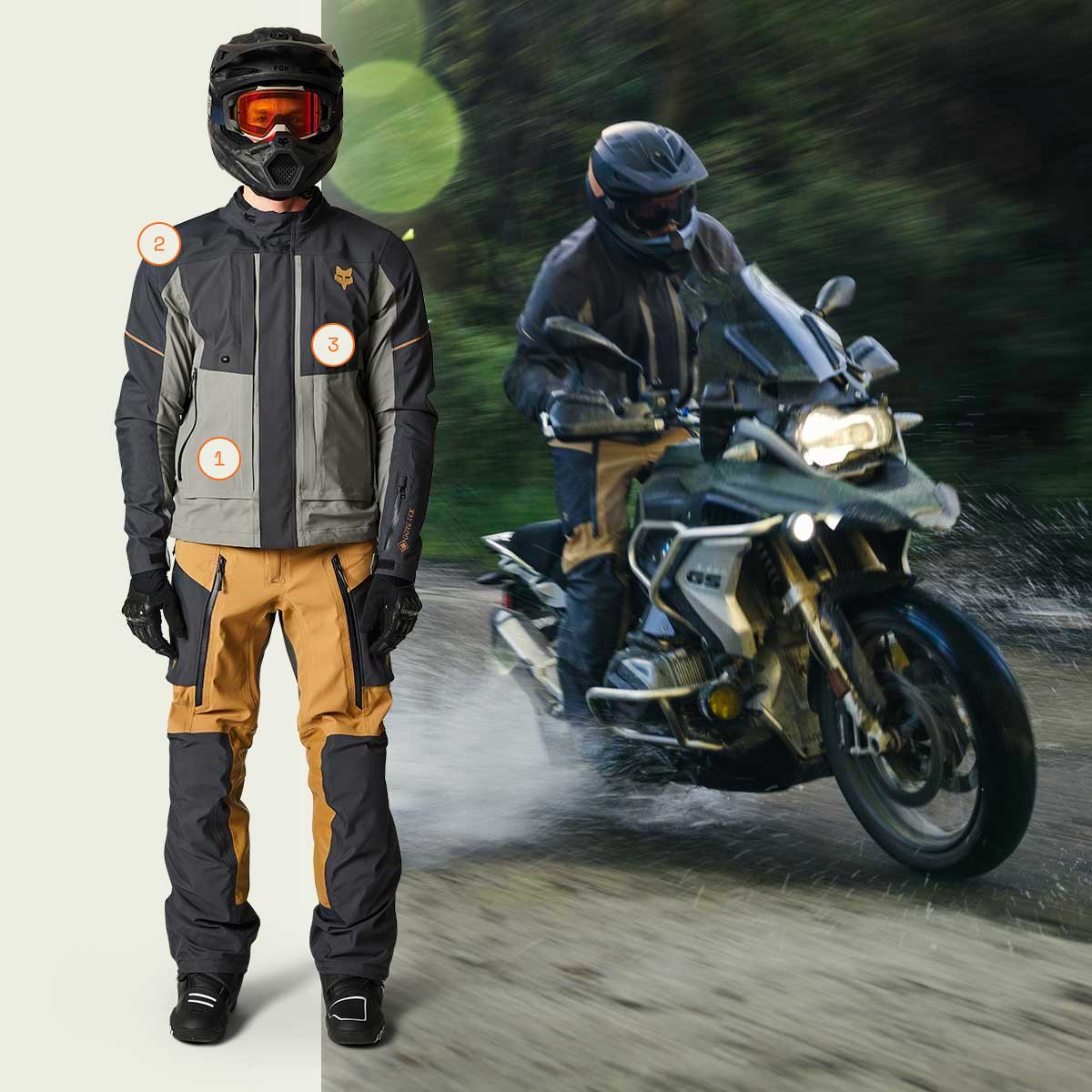 A model wearing the Ranger Adventure gear stands next to a rider speeding along a wet hard-packed trail.